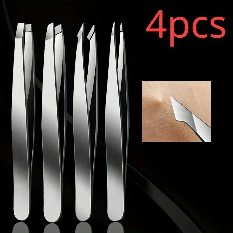 Professional Tweezers Set – 4 Piece Stainless Steel Eyebrow & Hair Removal Kit