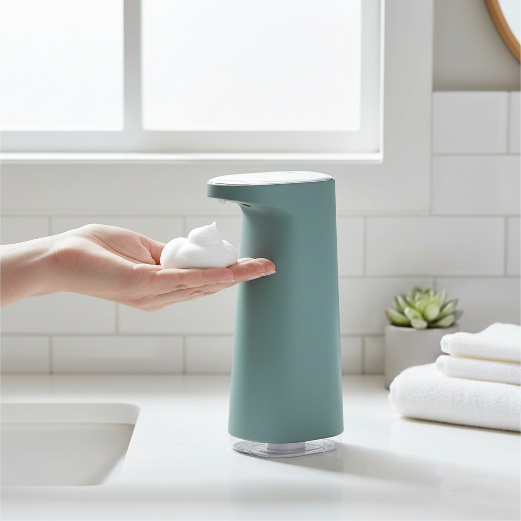 Automatic touchless soap dispenser on a clean bathroom counter dispensing soap