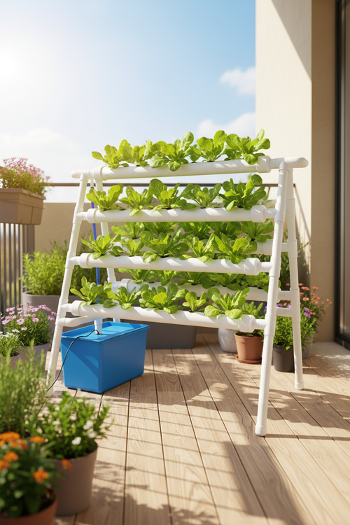 White multi-tier hydroponic NFT planter rack with lush green lettuce on a sunny apartment balcony