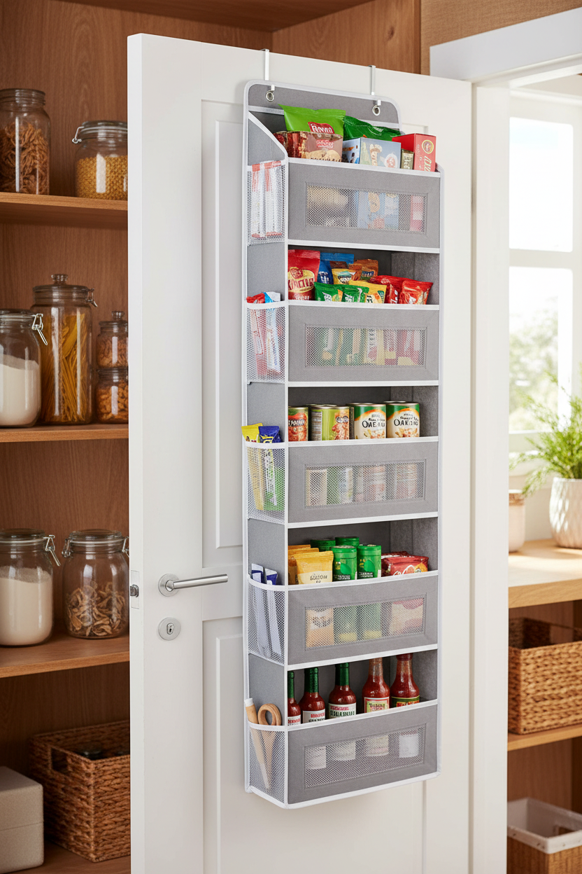 5-Tier Over-the-Door Storage Organizer in kitchen pantry setting