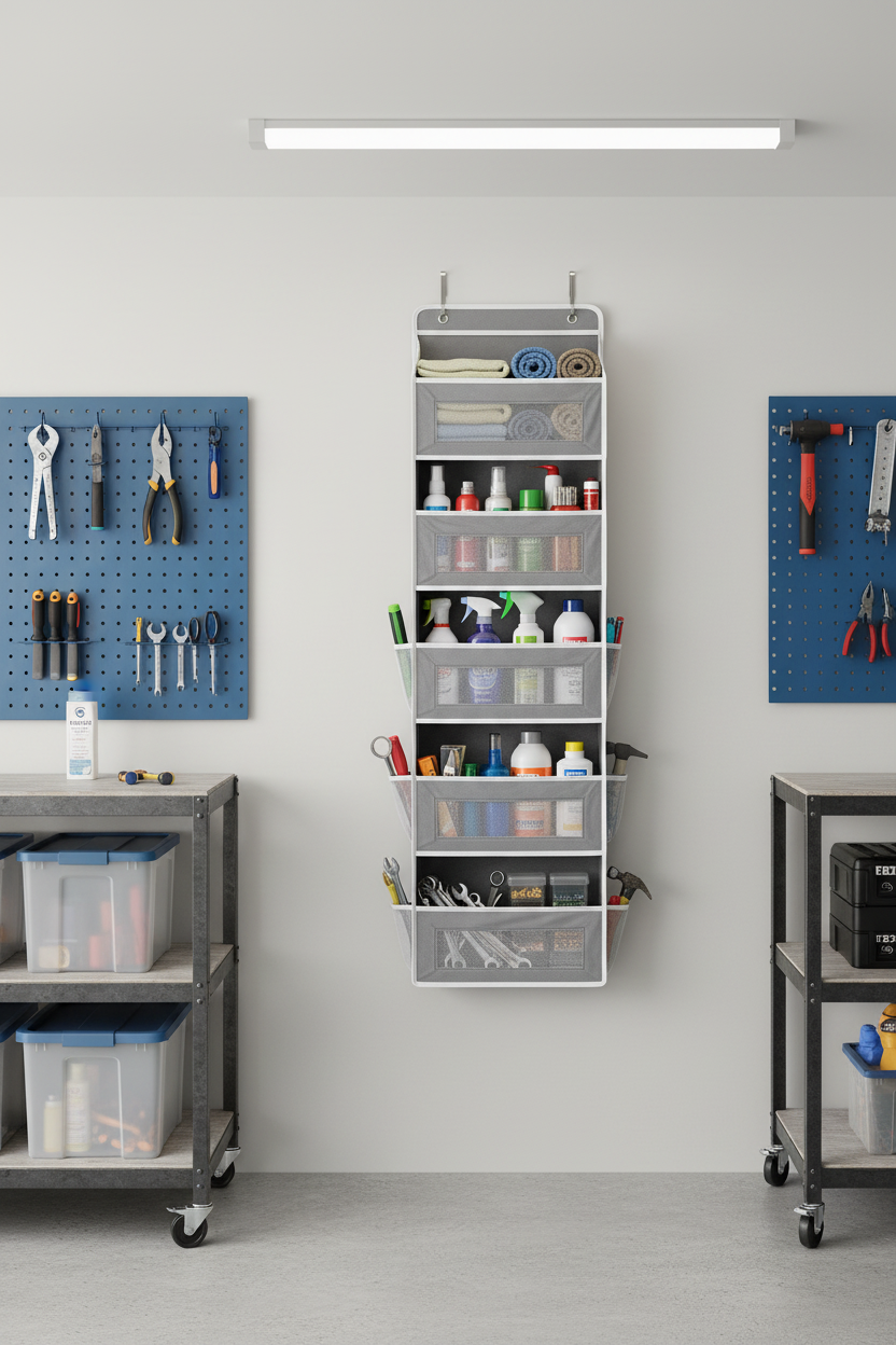 5-Tier Over-the-Door Storage Organizer in garage wall setting