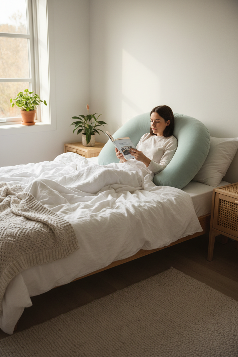 Soft mint green U-shaped support pillow on a cozy bed with a person relaxing and reading in a Scandinavian bedroom
