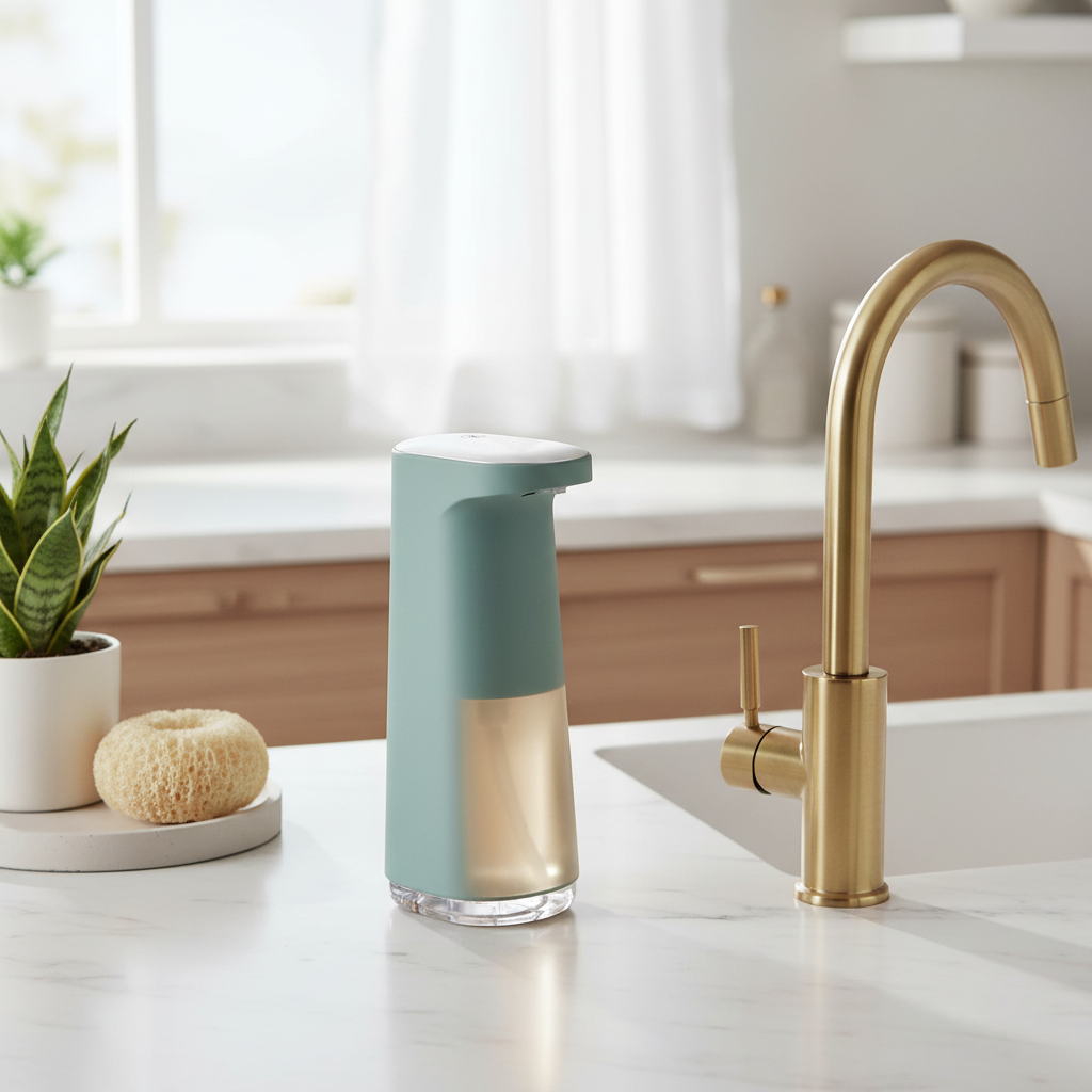 Automatic touchless soap dispenser on kitchen sink countertop