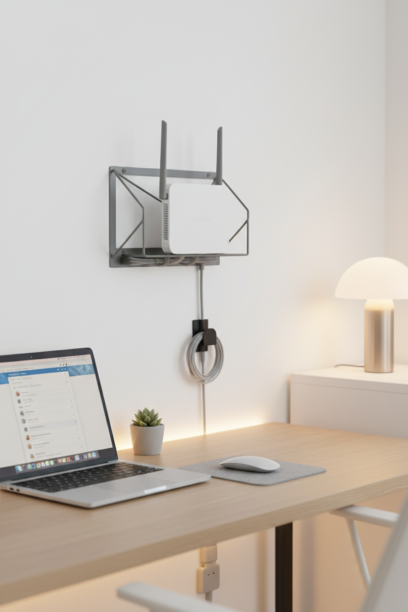 Gun-gray wall-mounted router storage rack in a clean modern home office setup