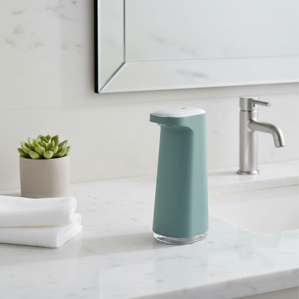 Automatic touchless soap dispenser on bathroom vanity countertop